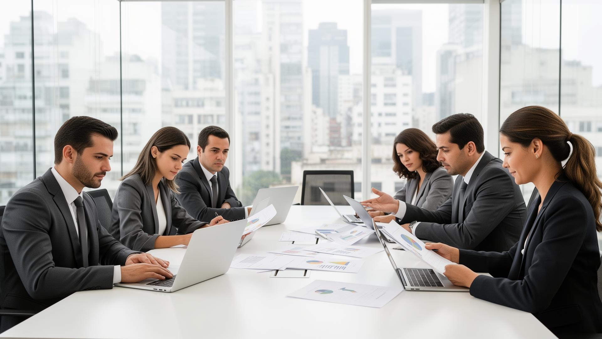 Equipe corporativa em reunião analisando documentos financeiros em escritório moderno